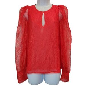 BCBGMAXAZRIA Women's XS Red Berry Shina Lace Top Floral Keyhole Puff Long Sleeve